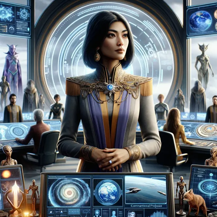 A founder with intergalactic influence in a command center overseeing universal projects. The South Asian female founder embodies mythic success.