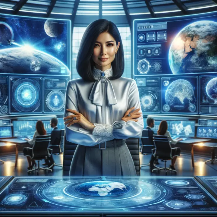 A visionary founder in a futuristic command center. The founder, a South Asian female