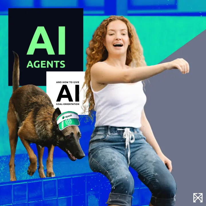 dog agent with OpenAI cap getting directions from its principal