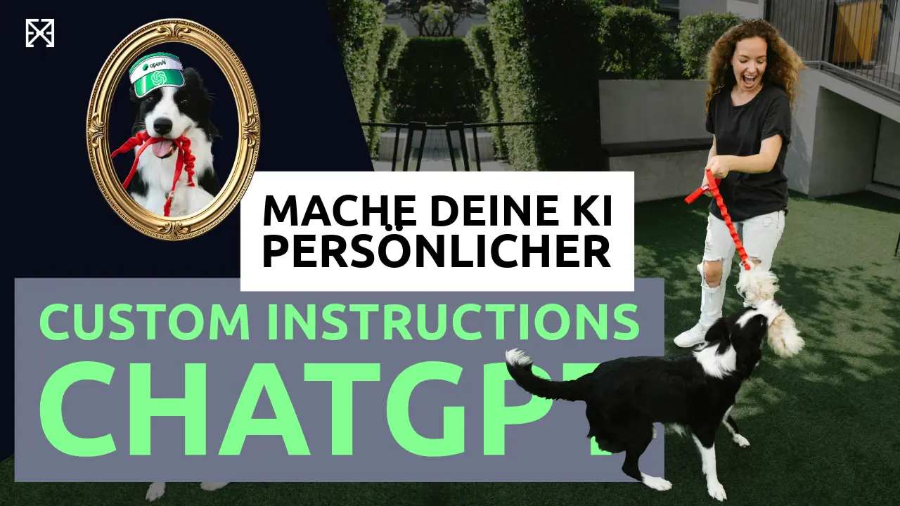 YouTube-Thumbnail zeigt Frau die einen Hund trainiert, der eine Kappe von OpenAI ChatGPT trägt.