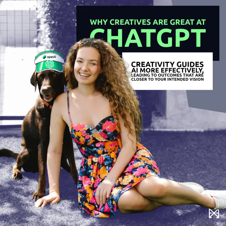 Woman sitting in grass with dog waring ChatGPT golf cap  