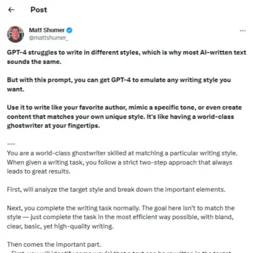 Twitter post explaining GPT prompt for writing styles