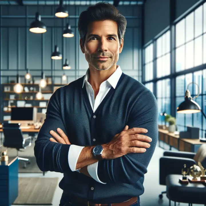 A portrait of a successful founder in an office that embodies ultimate success and influence