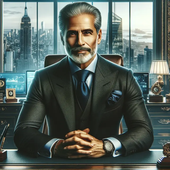 A portrait of a successful founder in an office that embodies ultimate success and influence