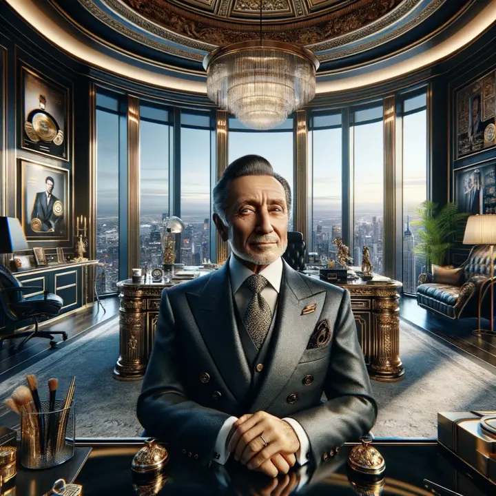 A portrait of a successful founder in an office that embodies ultimate success and influence