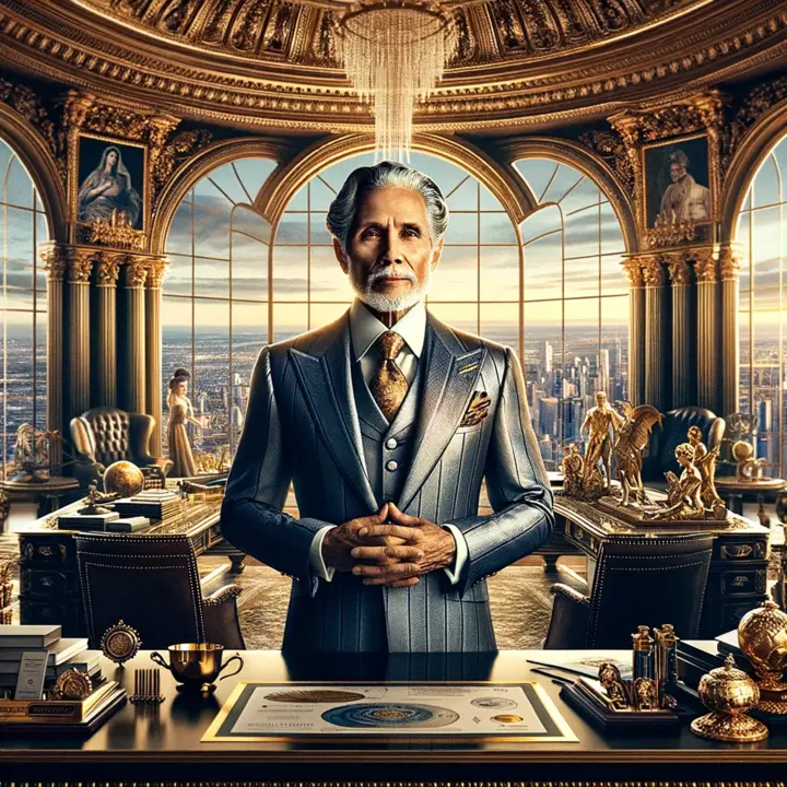 A portrait of a successful founder in an office that embodies ultimate success and influence