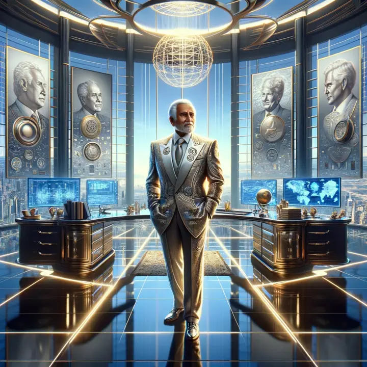 A portrait of a successful founder in an office that embodies ultimate success and influence