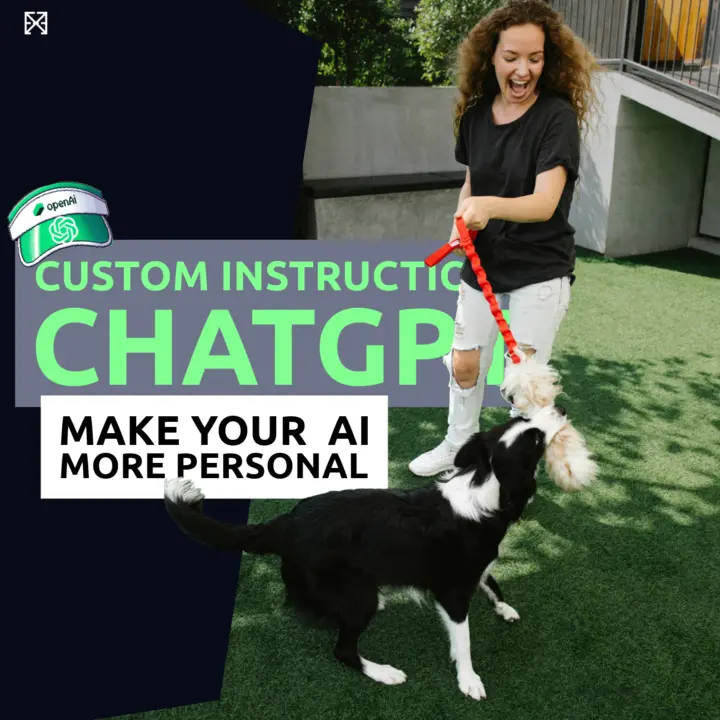 YouTube-Thumbnail zeigt Frau die einen Hund trainiert, der eine Kappe von OpenAI ChatGPT trägt.