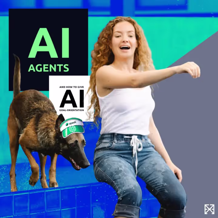 woman directing dog with OpenAI cap
