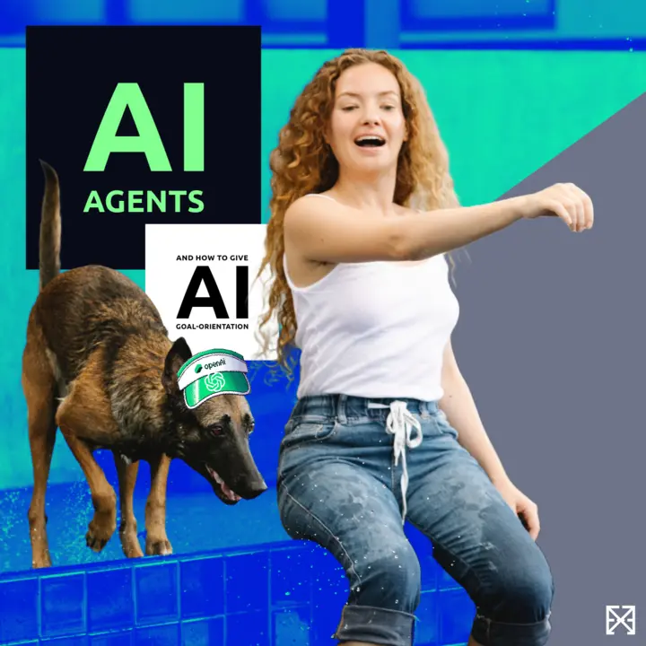 Anleitung eines Hund mit OpenAI-Kappe von einer sitzenden Frau