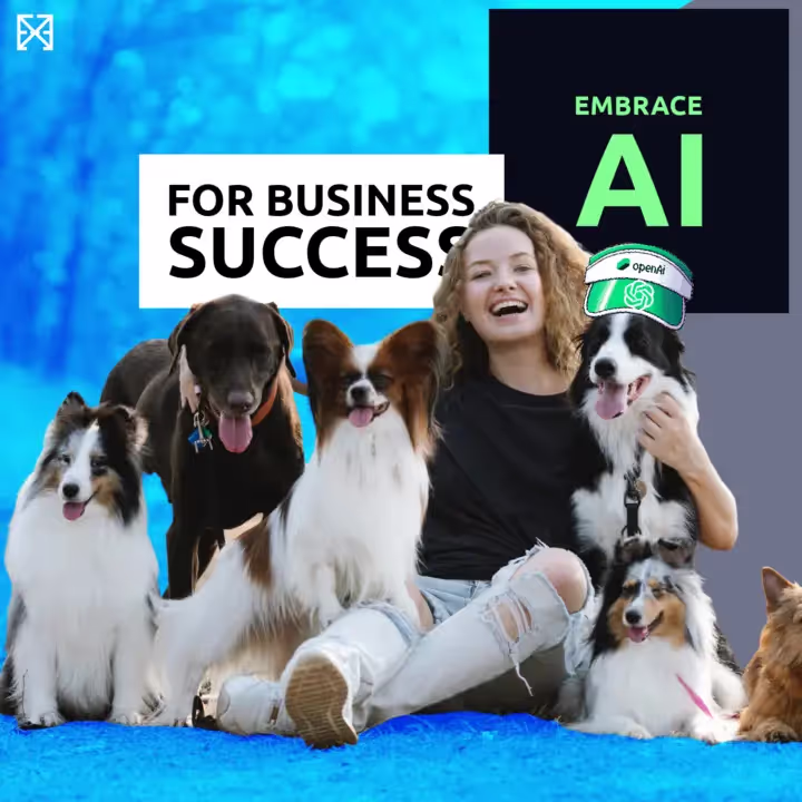 Frau umarmt Hunde von denen einer einen OpenAI ChatGPT Hut trägt.