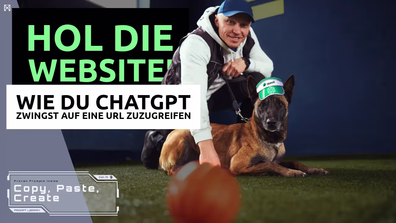 Deutscher Schäferhund mit ChatGPT Kappe wartetet auf Hol Befehl