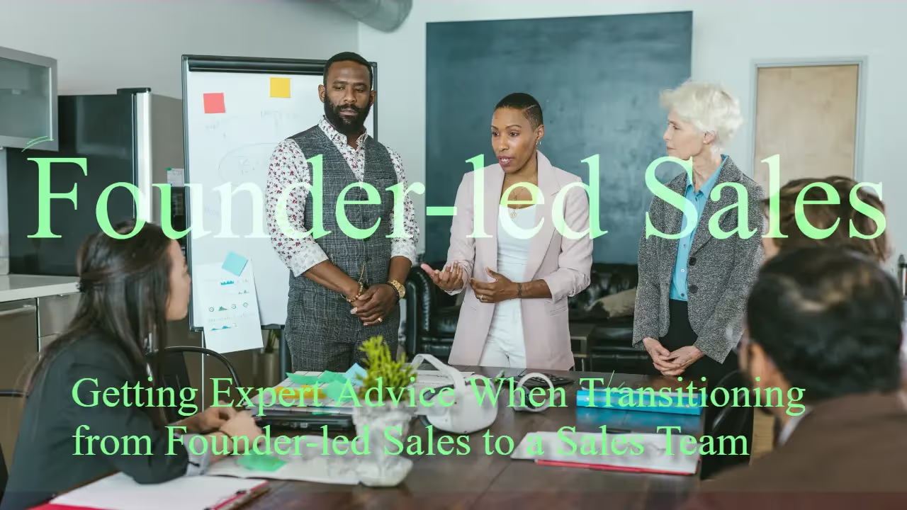 3 business people standing giving a presentation to startup founders sitting around a table