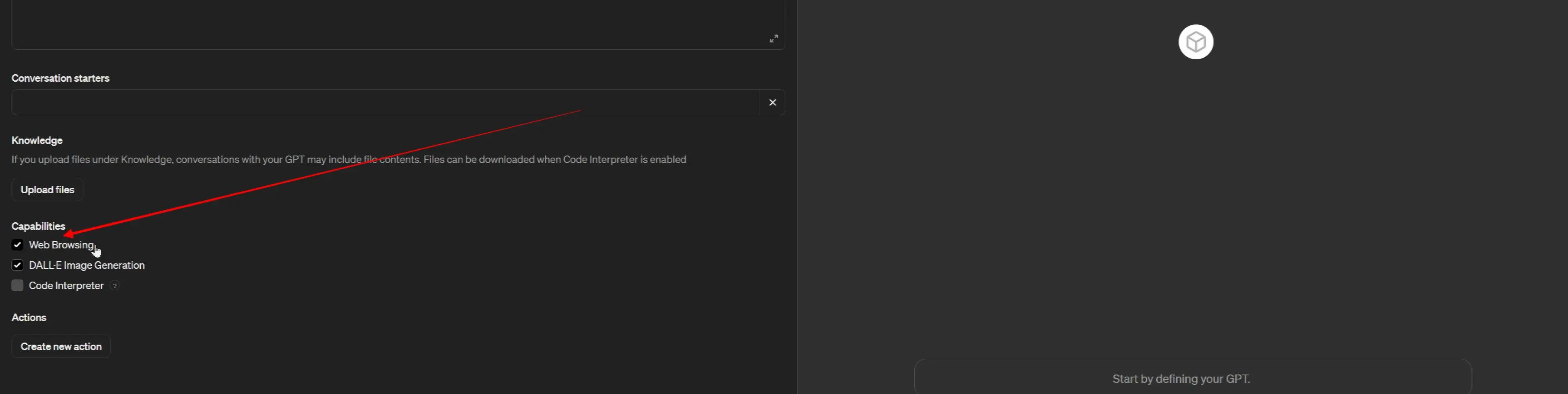 Screenshot of ChatGPT's Custom GPT to activate Web Browsing